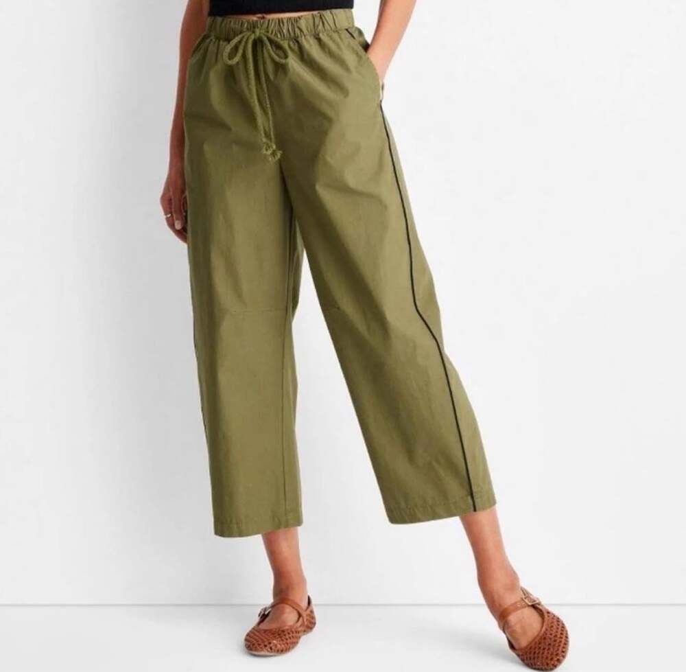 Future Collective Womens XL Olive Green Wide Leg Cotton Drawstring Cropped Pants